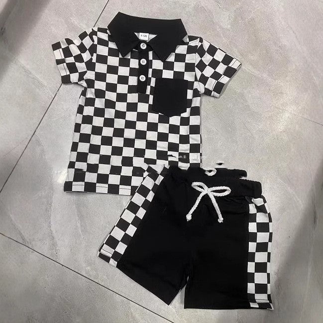 Elevate Your Little One's Style with Our Boys' Checkered Lapel Shorts Suit