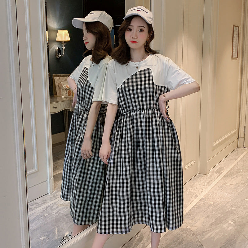 Plaid stitching maternity dress